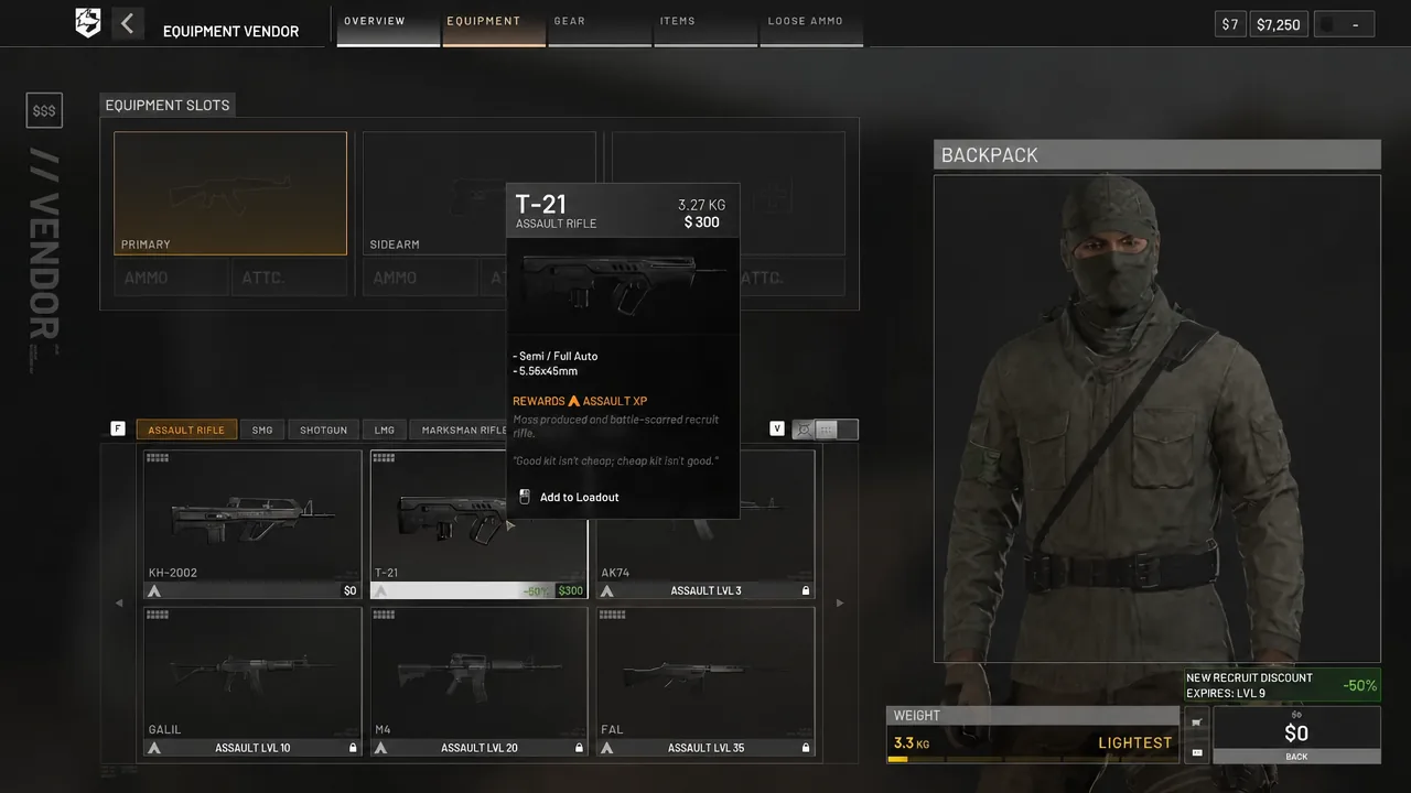 Equipment Vendor menu with the T-21 assault rifle selected and the Add to Loadout button visible