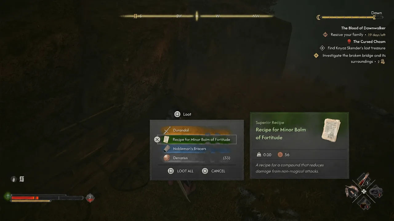 Loot screen showing the Recipe for Minor Balm of Fortitude and its item details