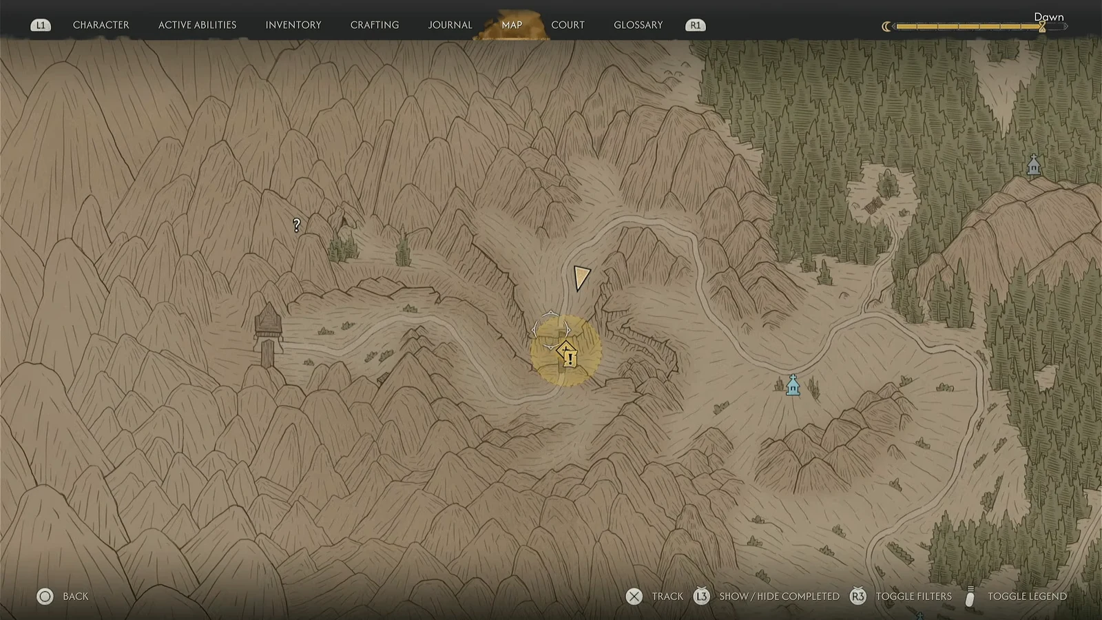 World map with a yellow exclamation-point marker pinning the broken bridge objective in the mountains