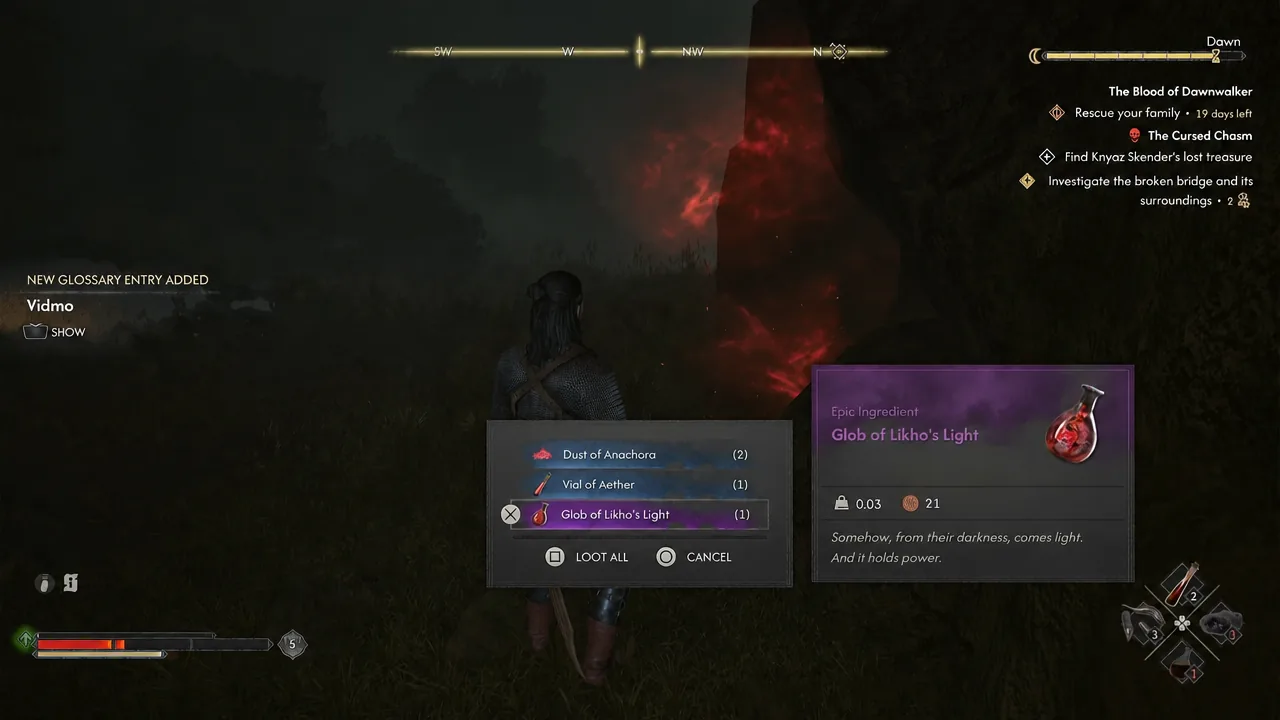 Loot window with Glob of Likho’s Light selected among items pulled from the chasm wreckage