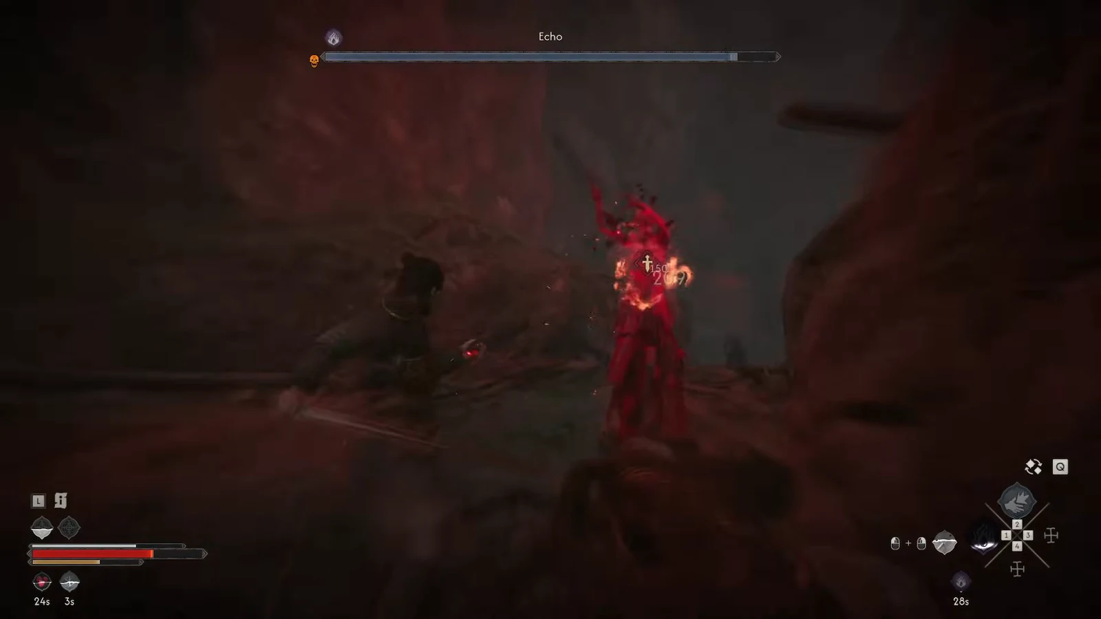 Coen swinging at the red Echo boss as its health bar sits at the top of the screen