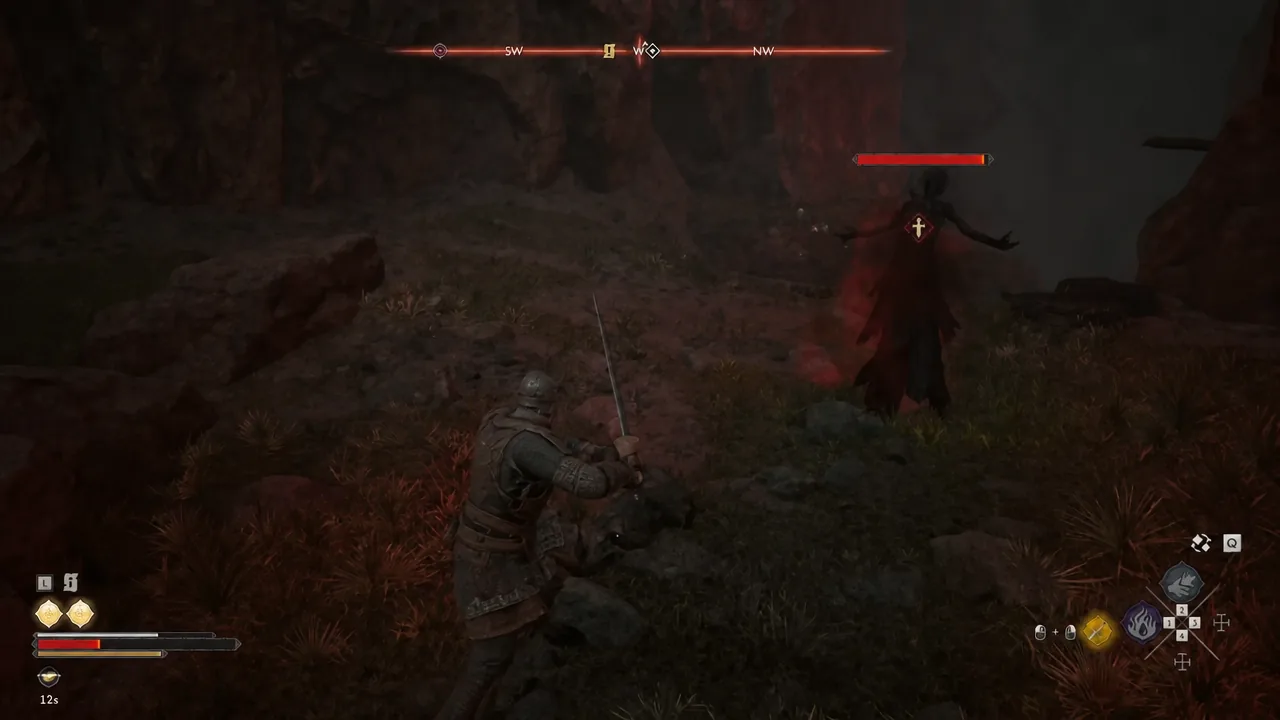 Sword attack landing on a locked-on enemy with its red health bar highlighted during the chasm fight