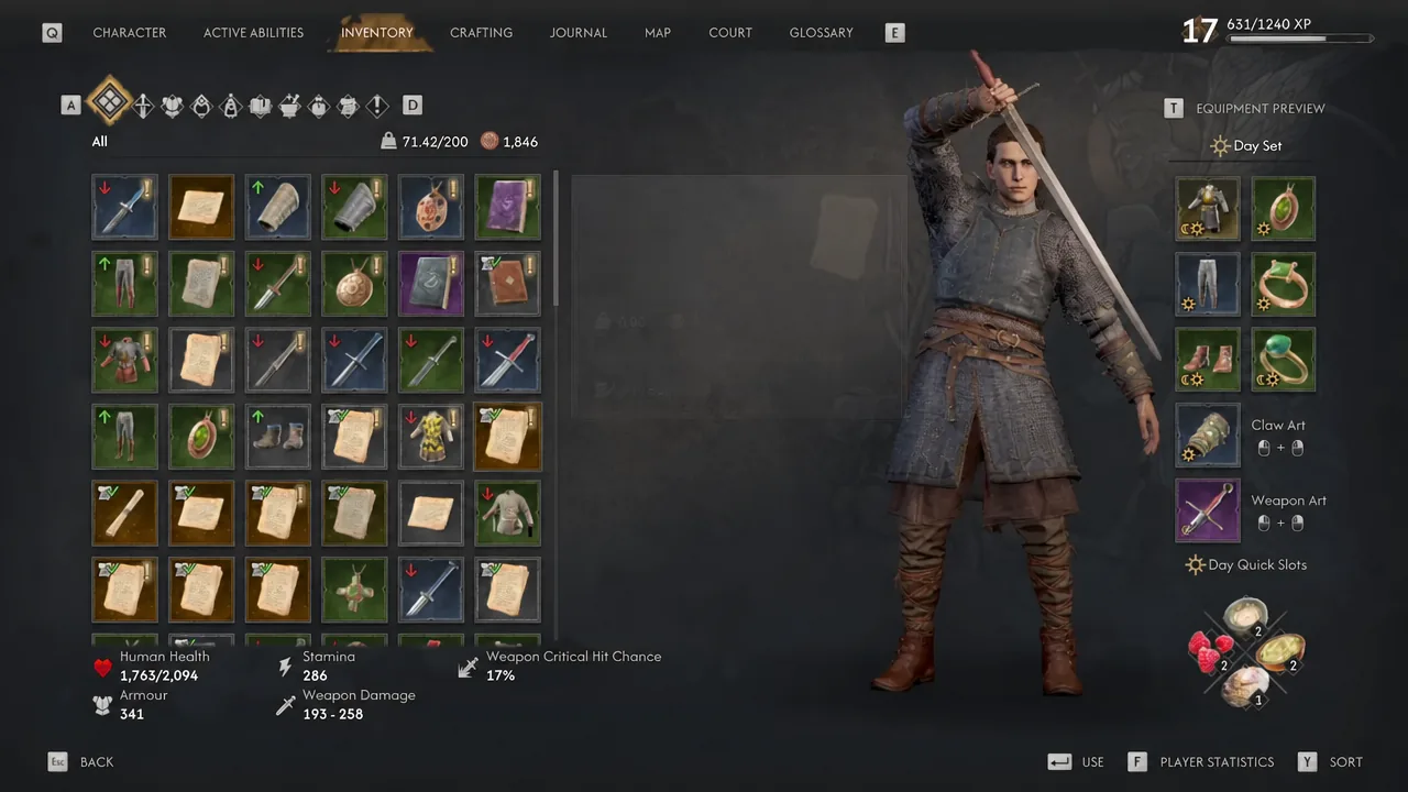 Inventory tab open showing Coen's equipped gear, armour values and character level before the chasm fight