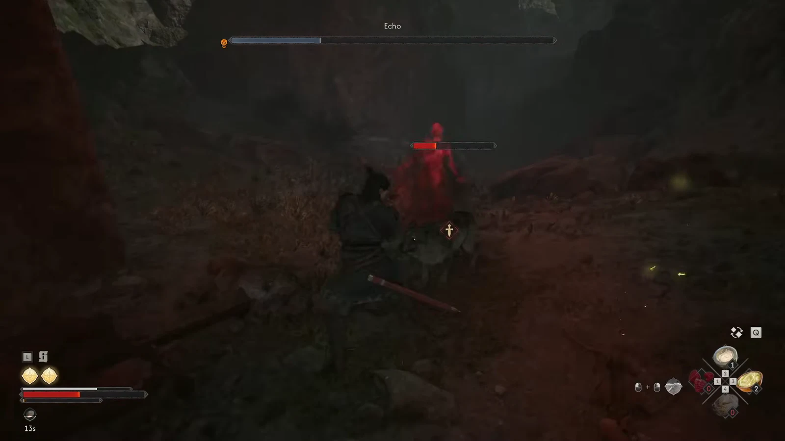 Melee exchange with the red Echo enemy in the dark chasm with the combat HUD visible