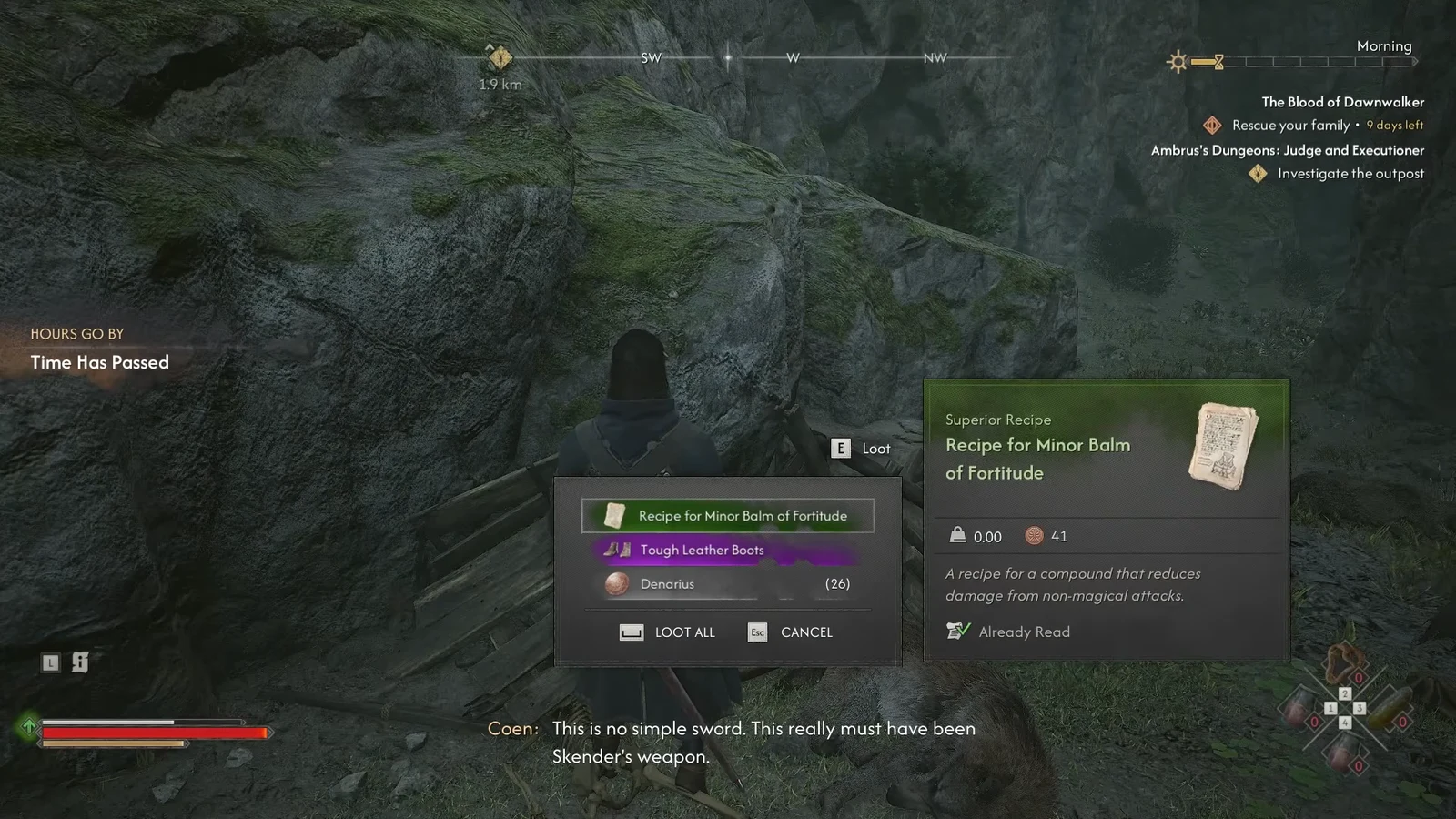 Loot menu with Recipe for Minor Balm of Fortitude highlighted among chasm pickups
