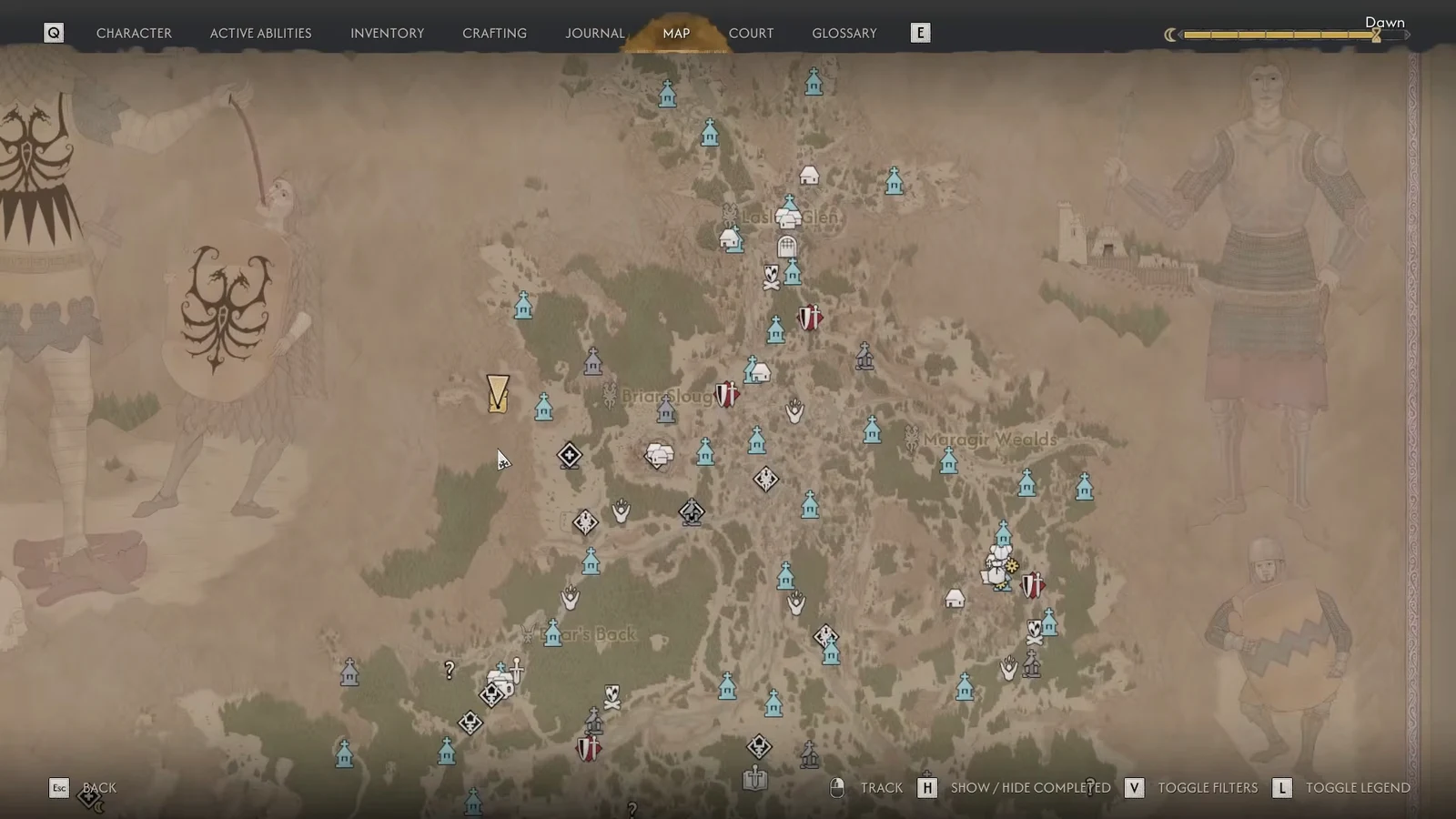 Map screen with a yellow quest marker on the western mountains marking the chasm
