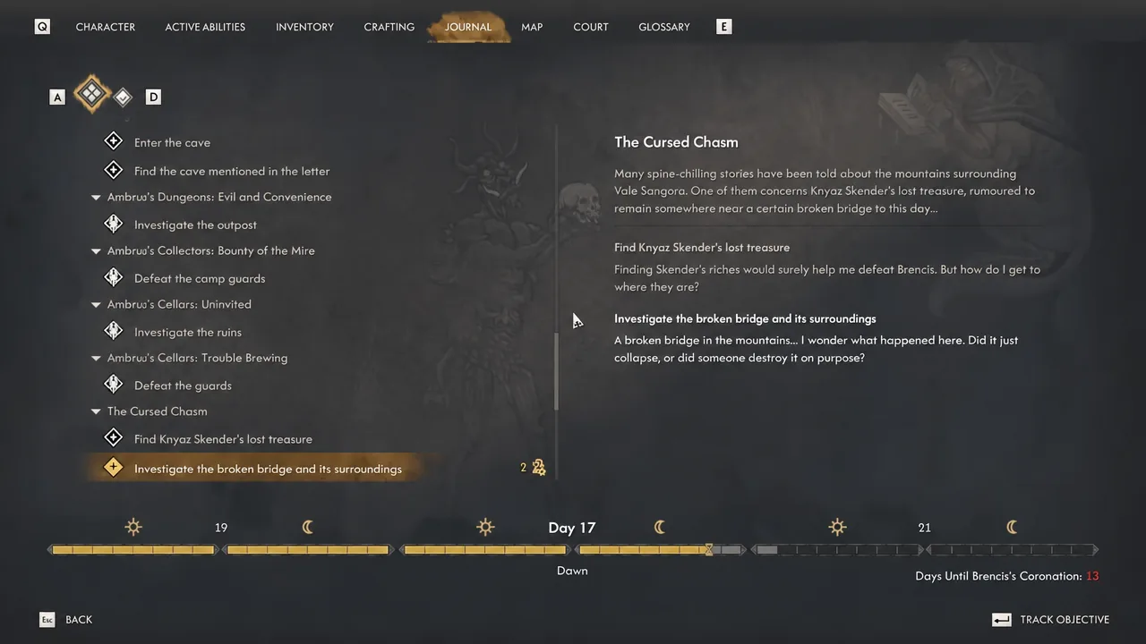 Journal entry for The Cursed Chasm showing the objective to investigate the broken bridge