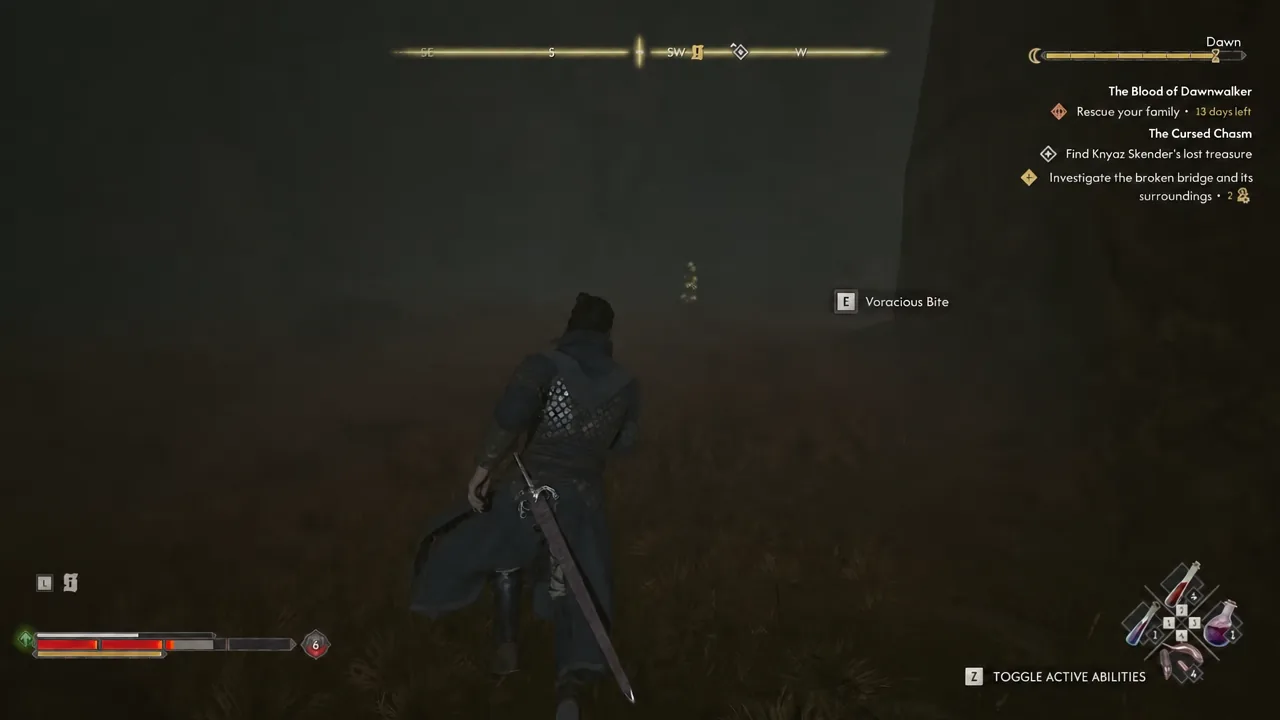 Combat prompt showing the E button triggering Voracious Bite during the chasm fight