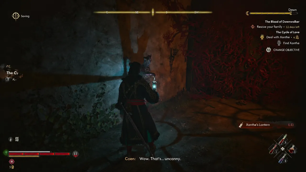 Quest tracker showing the Find Xanthe objective with Xanthe's Lantern equipped