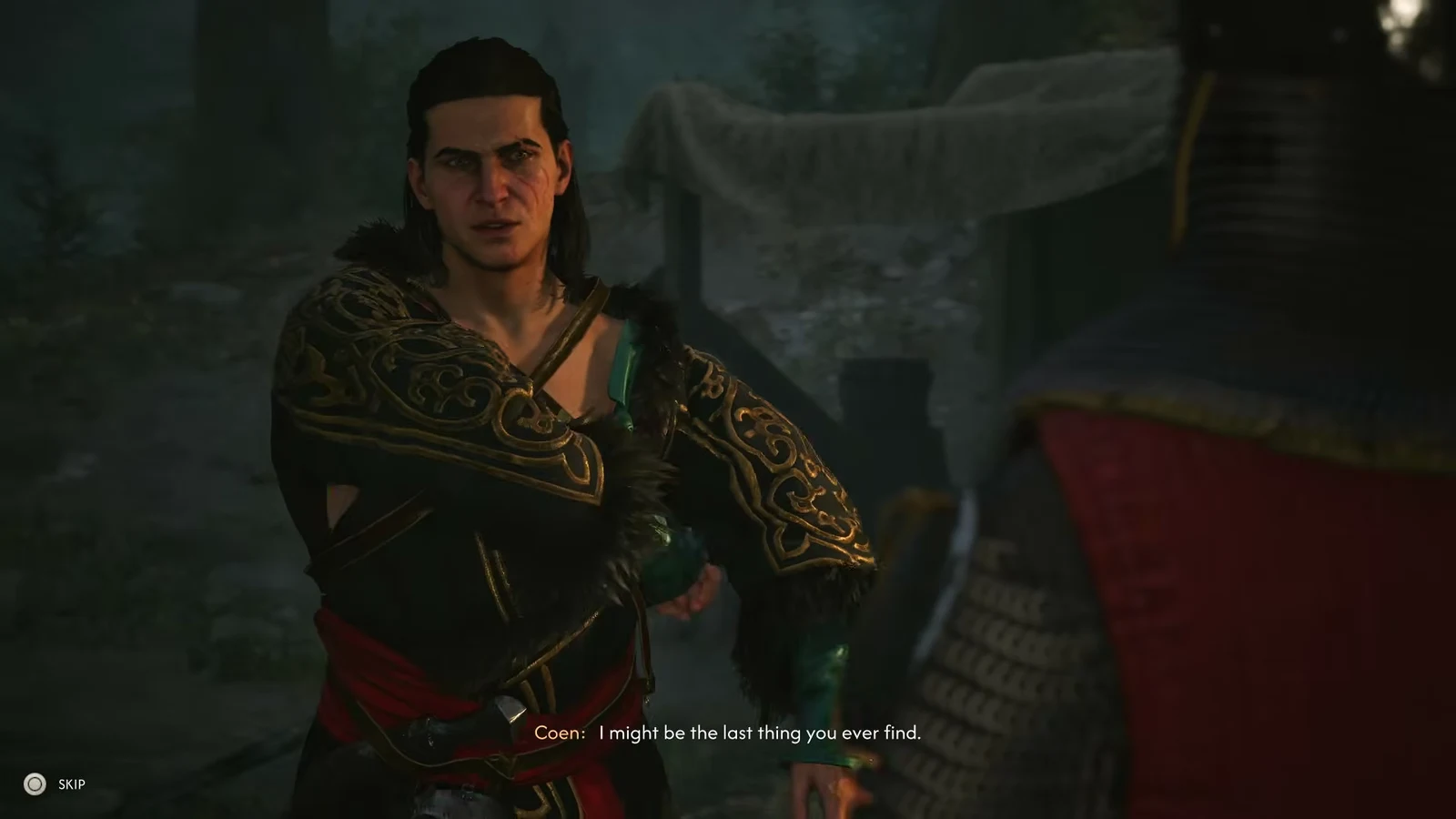 Coen in a cutscene conversation with a skip prompt in the lower-left corner