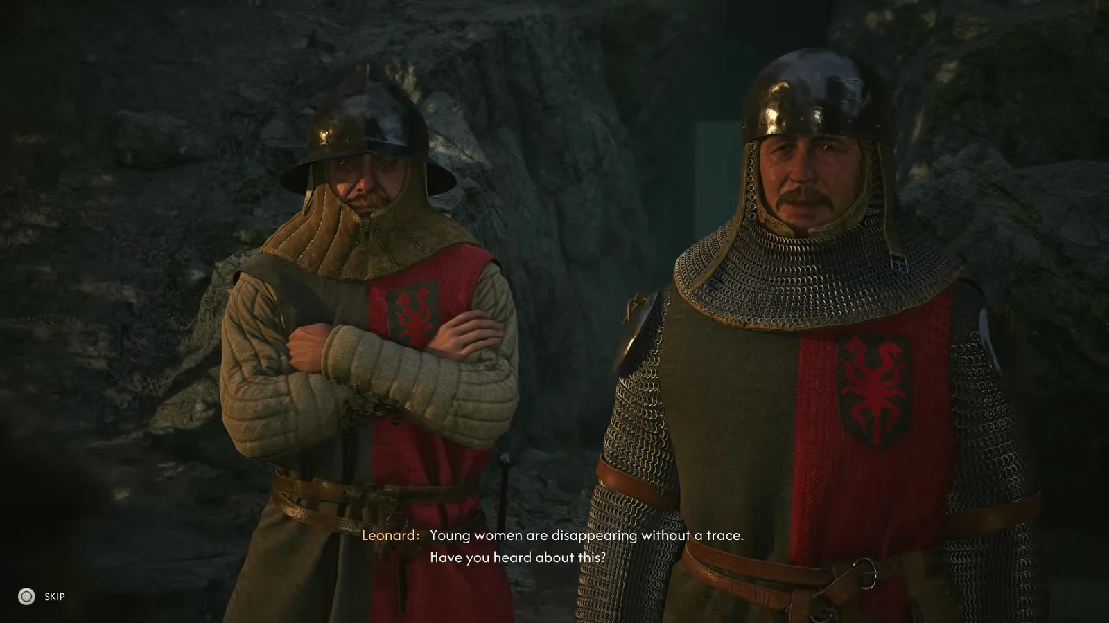 Leonard and a second armored soldier explaining the disappearances to Coen