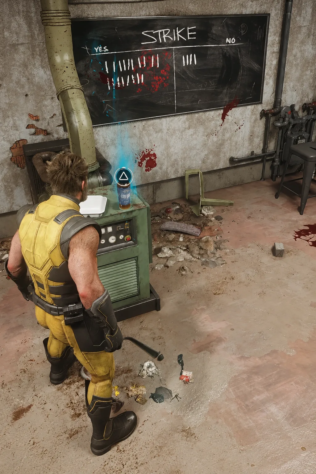 A STRIKE board puzzle in Marvel's Wolverine with the triangle interaction prompt highlighted