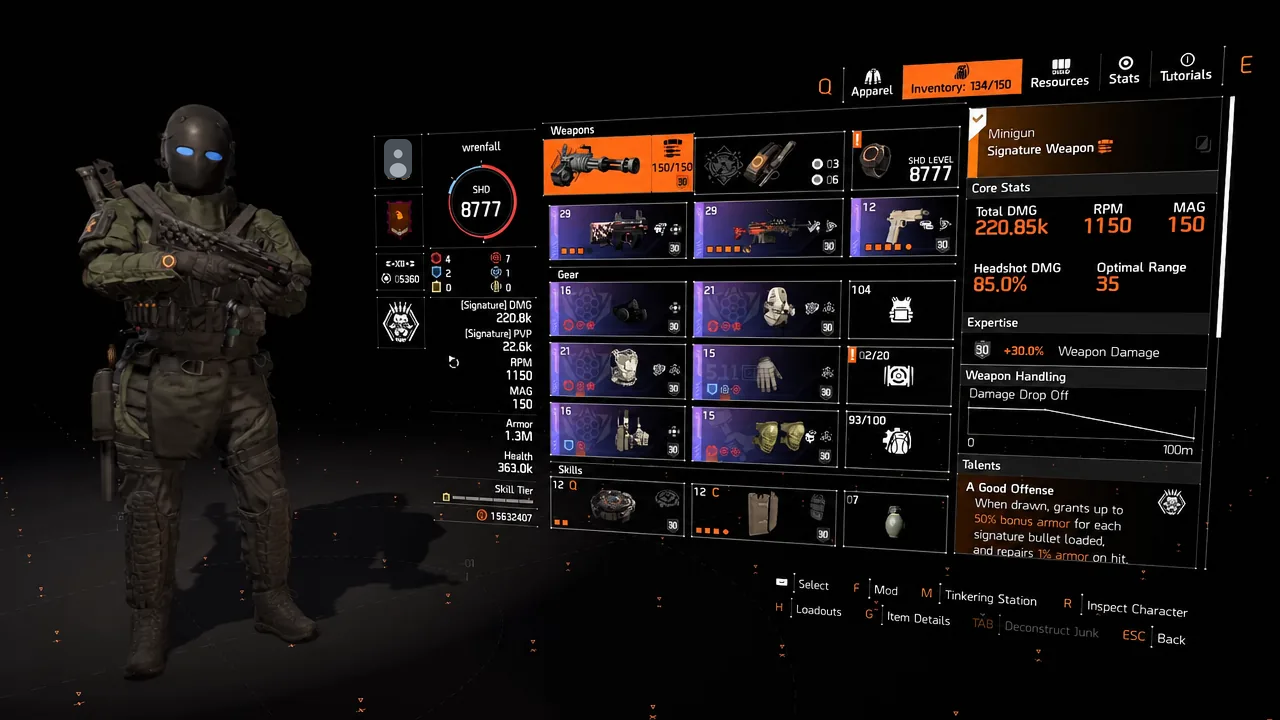 The Division 2 inventory screen showing the Minigun signature weapon and its stats