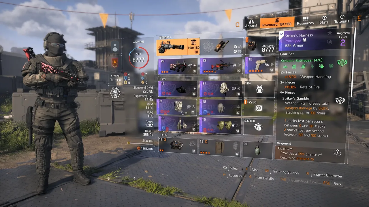 The Division 2 inventory with Striker's Harness selected, showing gear set and augment details