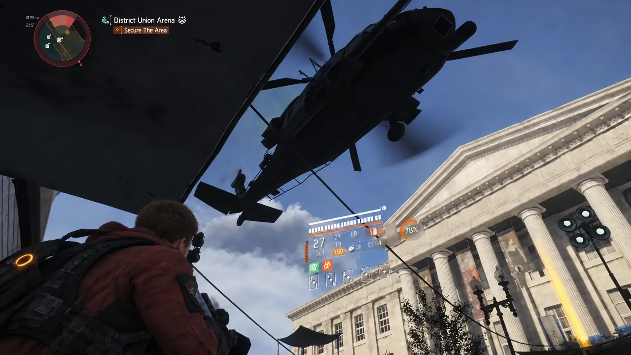 District Union Arena combat with the Secure The Area objective marked as in progress