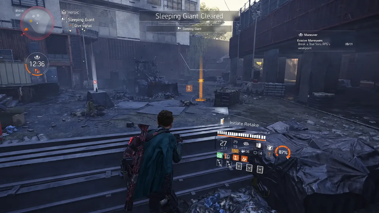 Sleeping Giant Cleared notification shown in the field with the Initiate Retake objective prompt visible