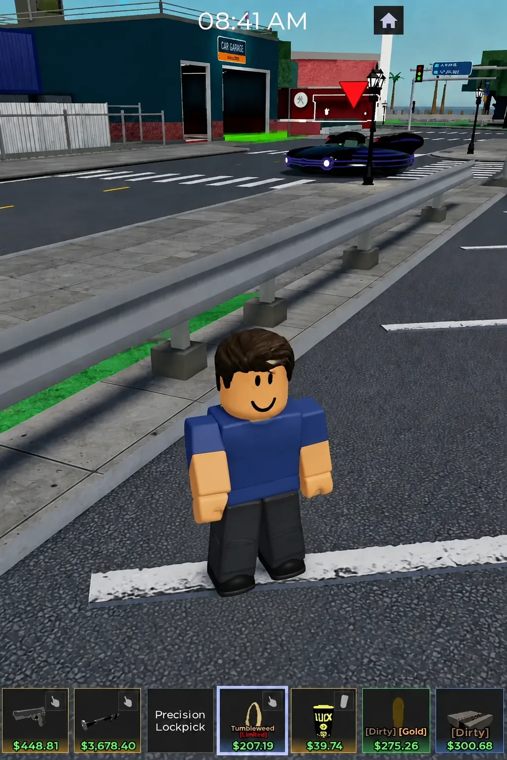 Hotbar with the Tumbleweed limited lasso selected while the player stands in the street