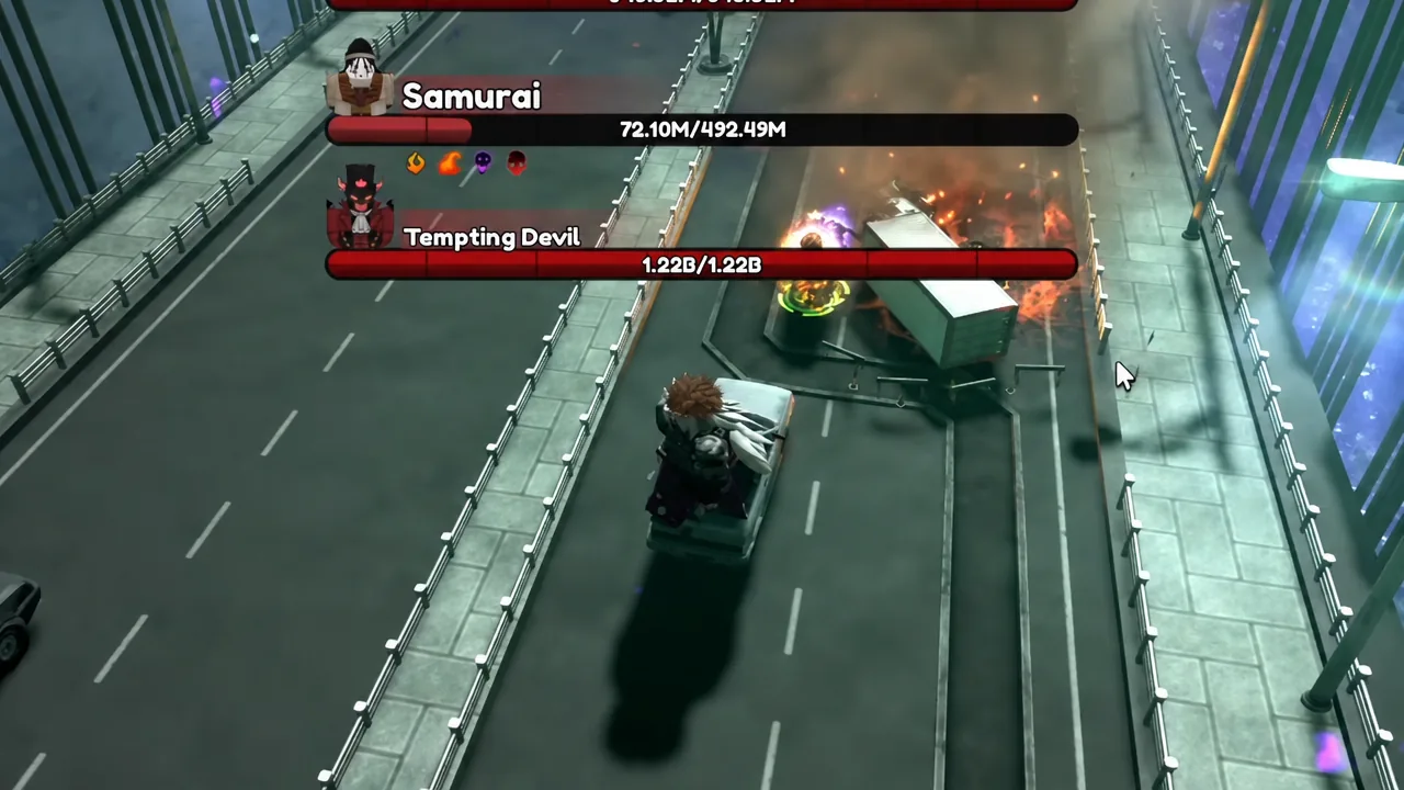 Escanor attacking a Tempting Devil during a late dungeon wave with its health bar visible