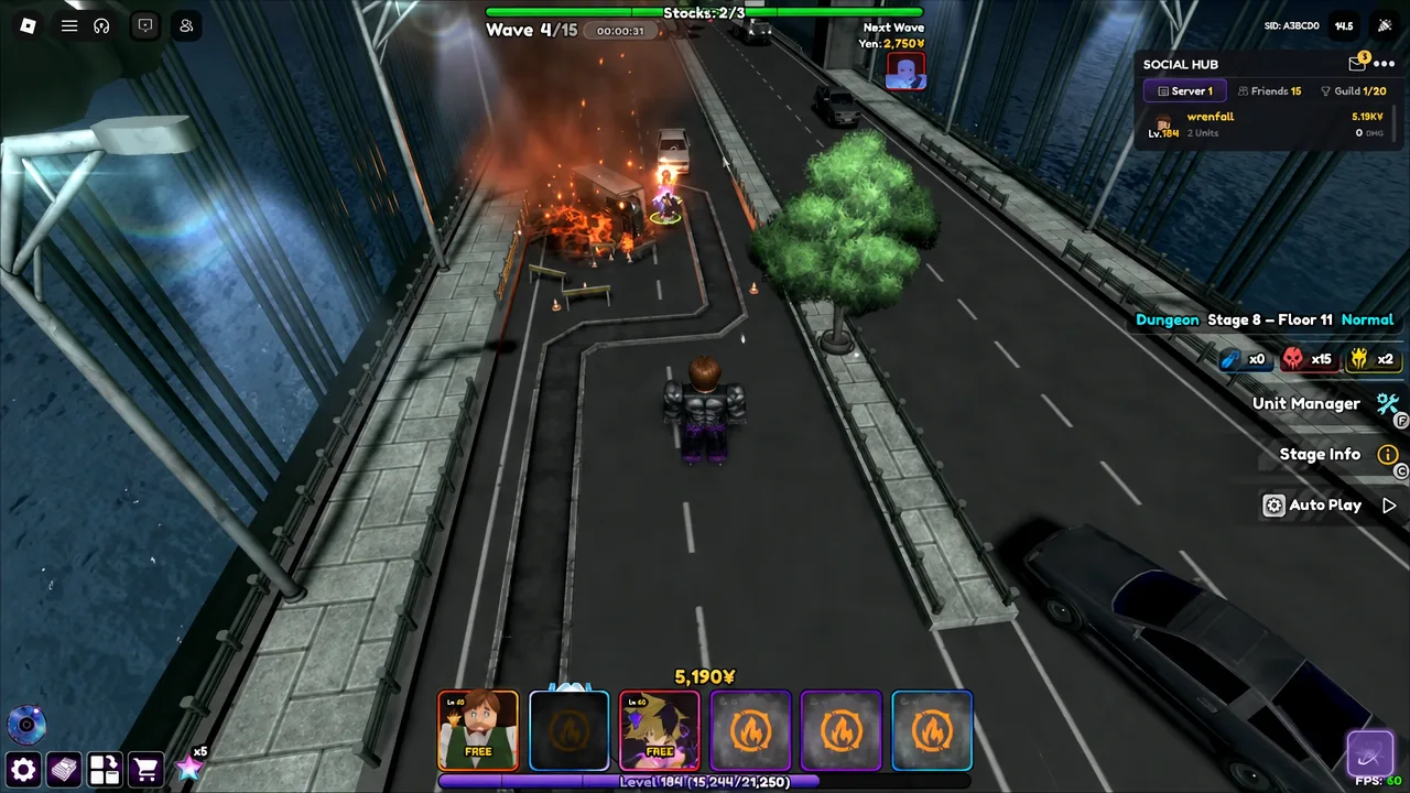 Dungeon Stage 8 Floor 11 in progress at Wave 4 of 15 with Auto Play switched on