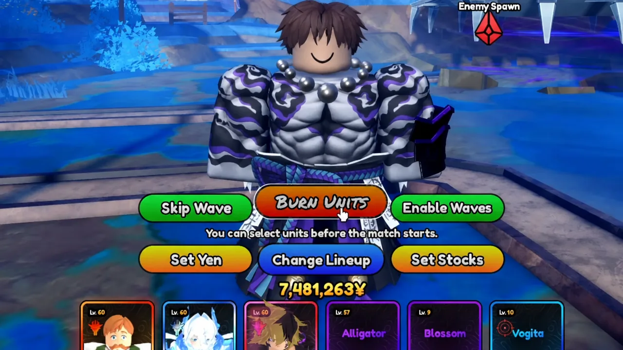 Enemy spawn screen with the orange Burn Units button highlighted before the first wave
