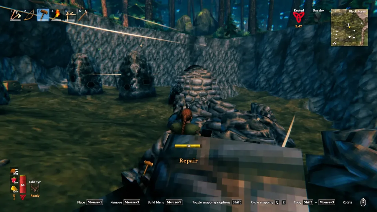 The hammer build menu open with the repair option highlighted over a stone structure