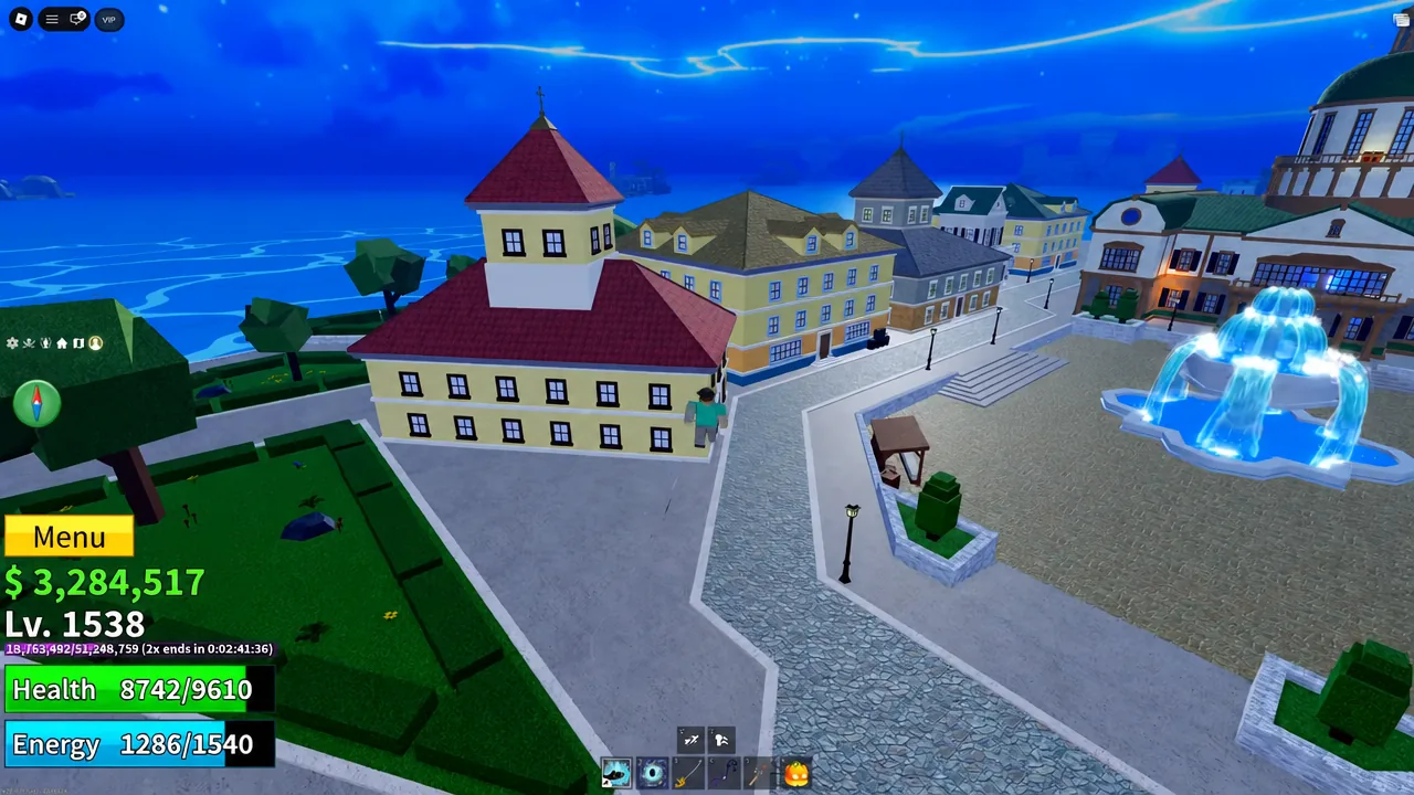 Blox Fruits gameplay view with the Menu button highlighted at the start of the Magnet Event