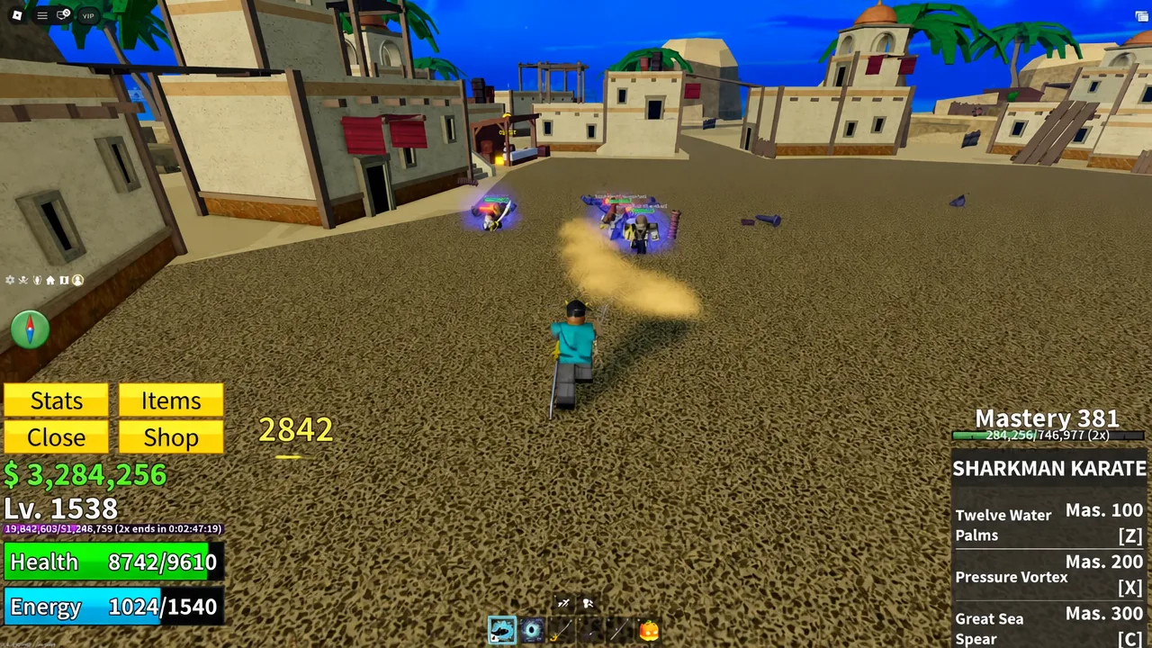 Sharkman Karate ability bar active while the player attacks a group of nearby enemies