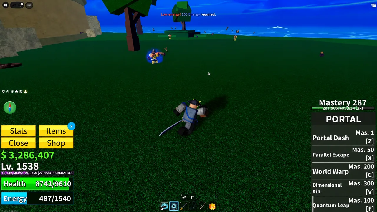 Portal ability bar open with a Low energy warning requiring 100 Energy