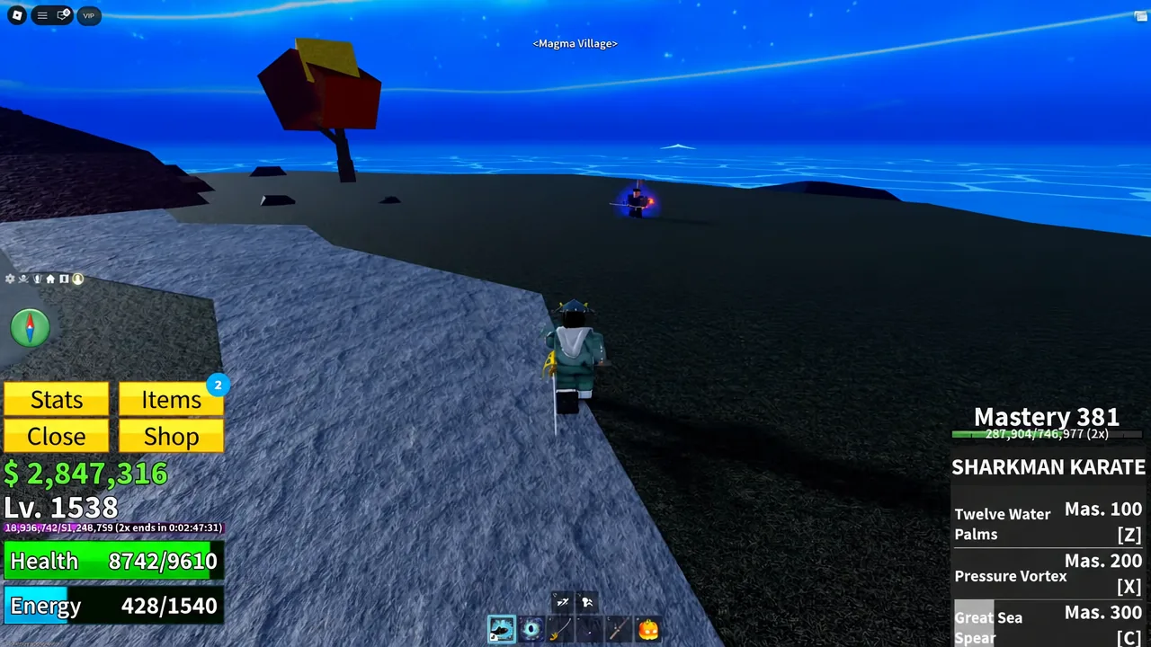 Player running across Magma Village terrain toward a glowing enemy during the Magnet Event