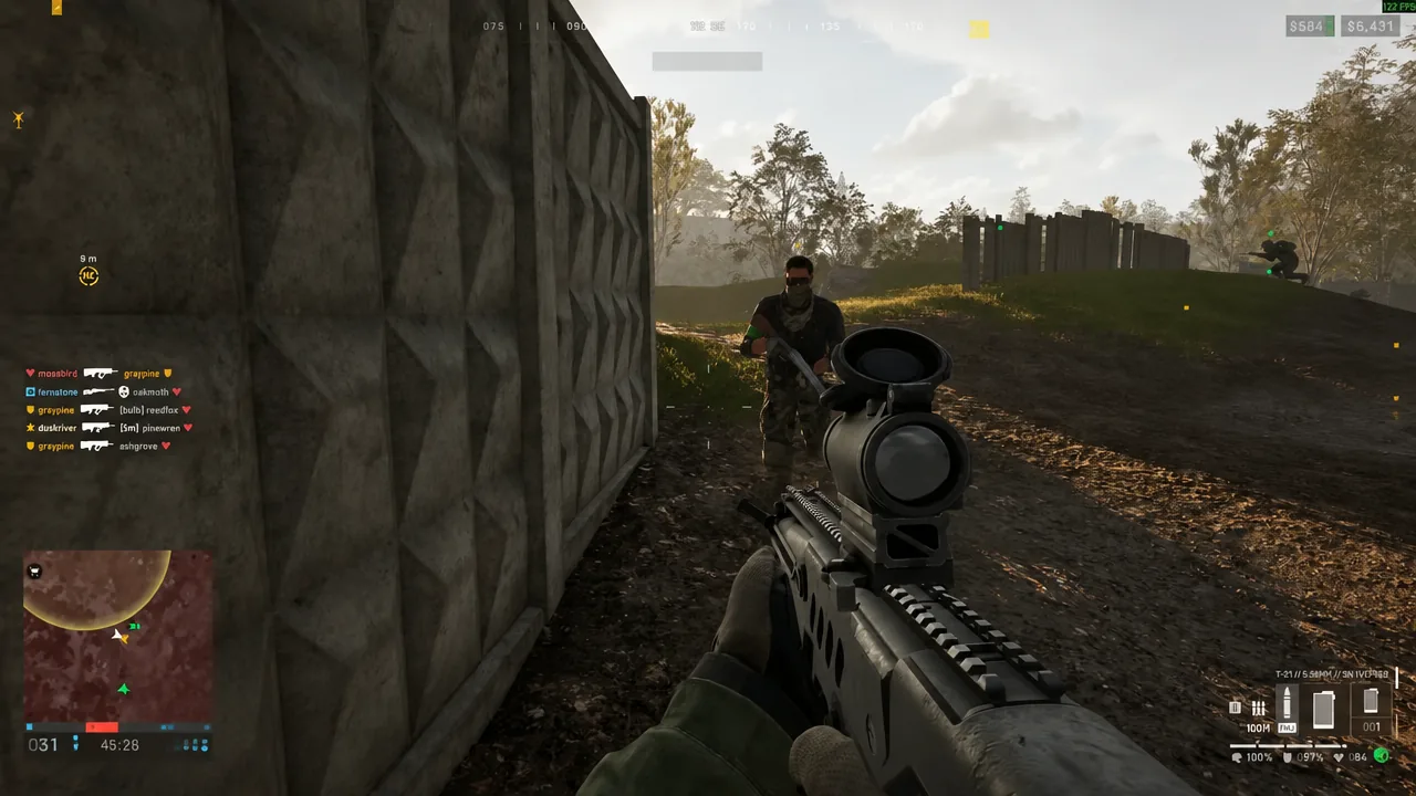 Player aiming a scoped rifle at a masked enemy standing beside a concrete wall