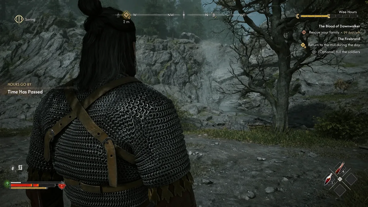 Gameplay HUD showing a Time Has Passed notification while waiting near the mill waypoint
