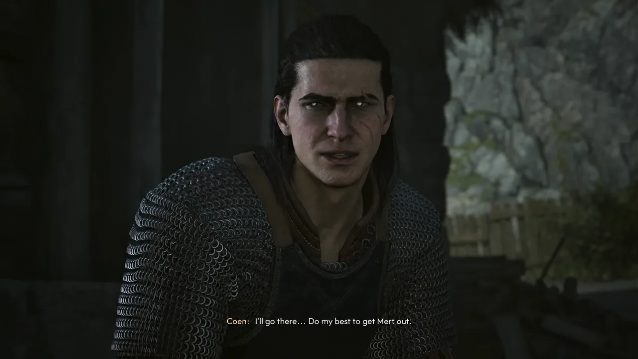 Coen in a cutscene telling Renna he will do his best to get Mert out