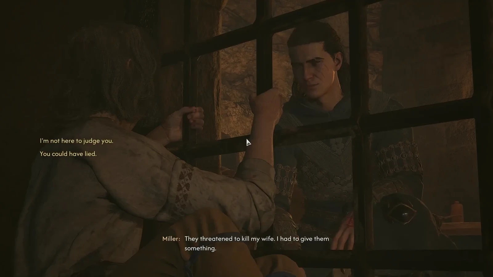 Dialogue wheel open in front of Mert's cell with a reply option highlighted