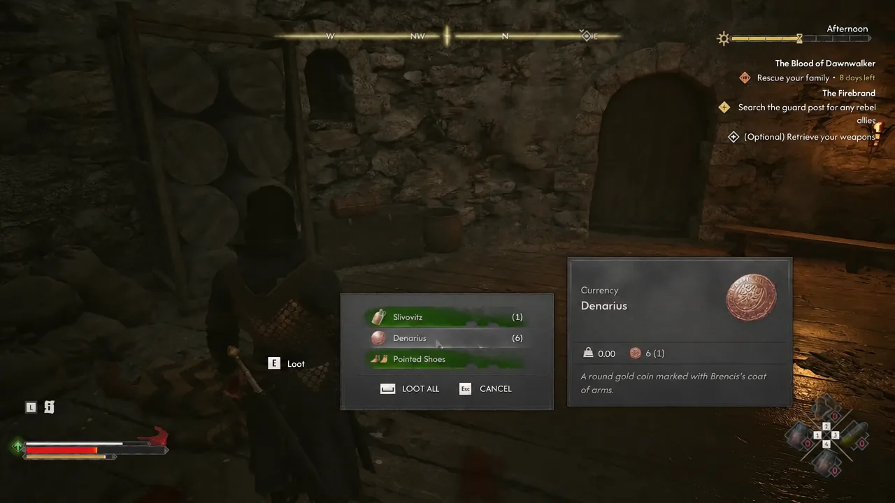 Loot window open on a body showing Denarius currency selected