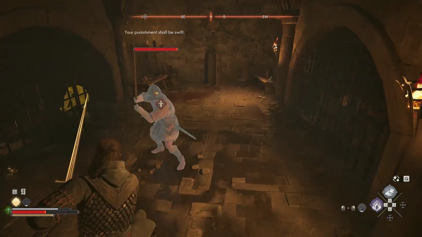 Coen striking an armored guard in a torchlit dungeon corridor as the enemy health bar drains