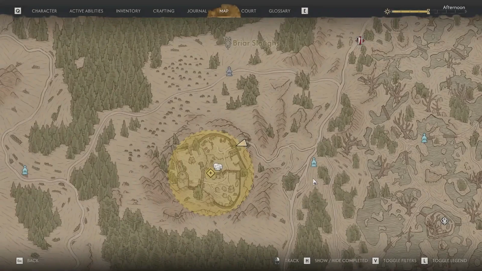 World map open in Briar Sloughs with a yellow search area marking the quest location