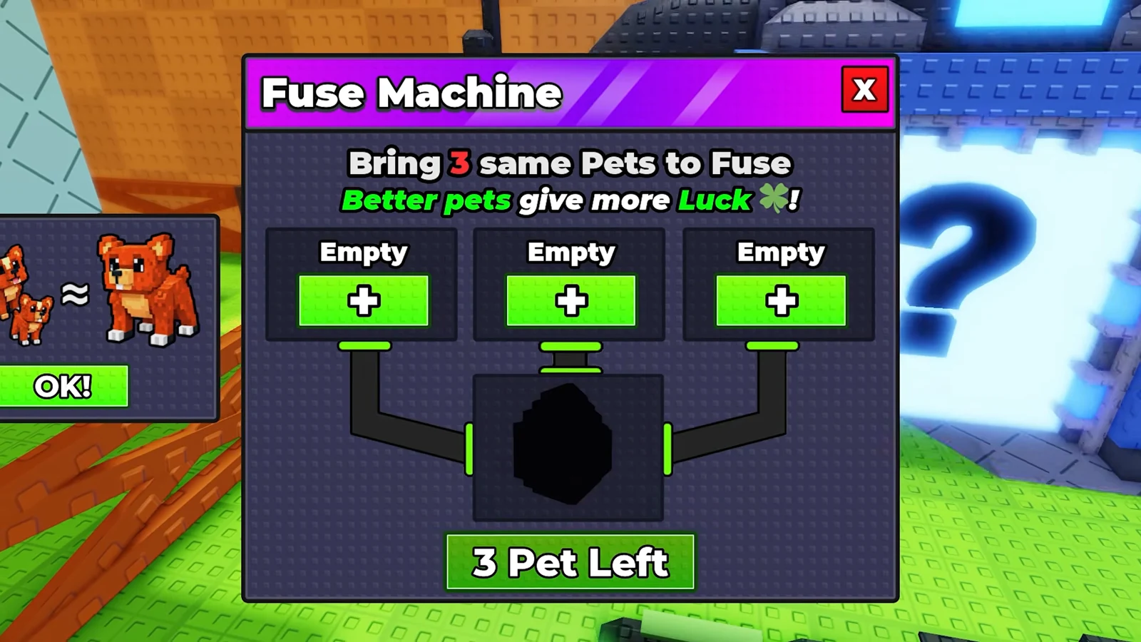 Empty Fuse Machine slots prompting three identical pets before a fuse is committed