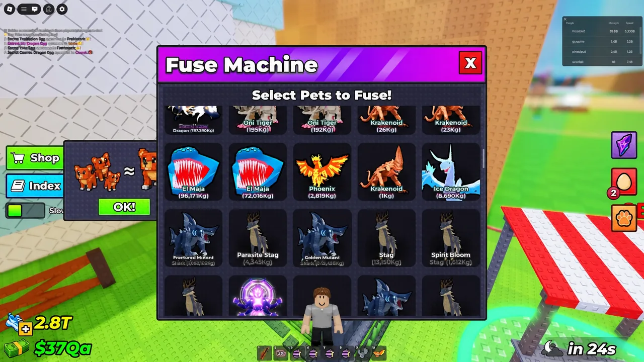 Select Pets to Fuse screen with duplicate pets being chosen for a batch of fusions