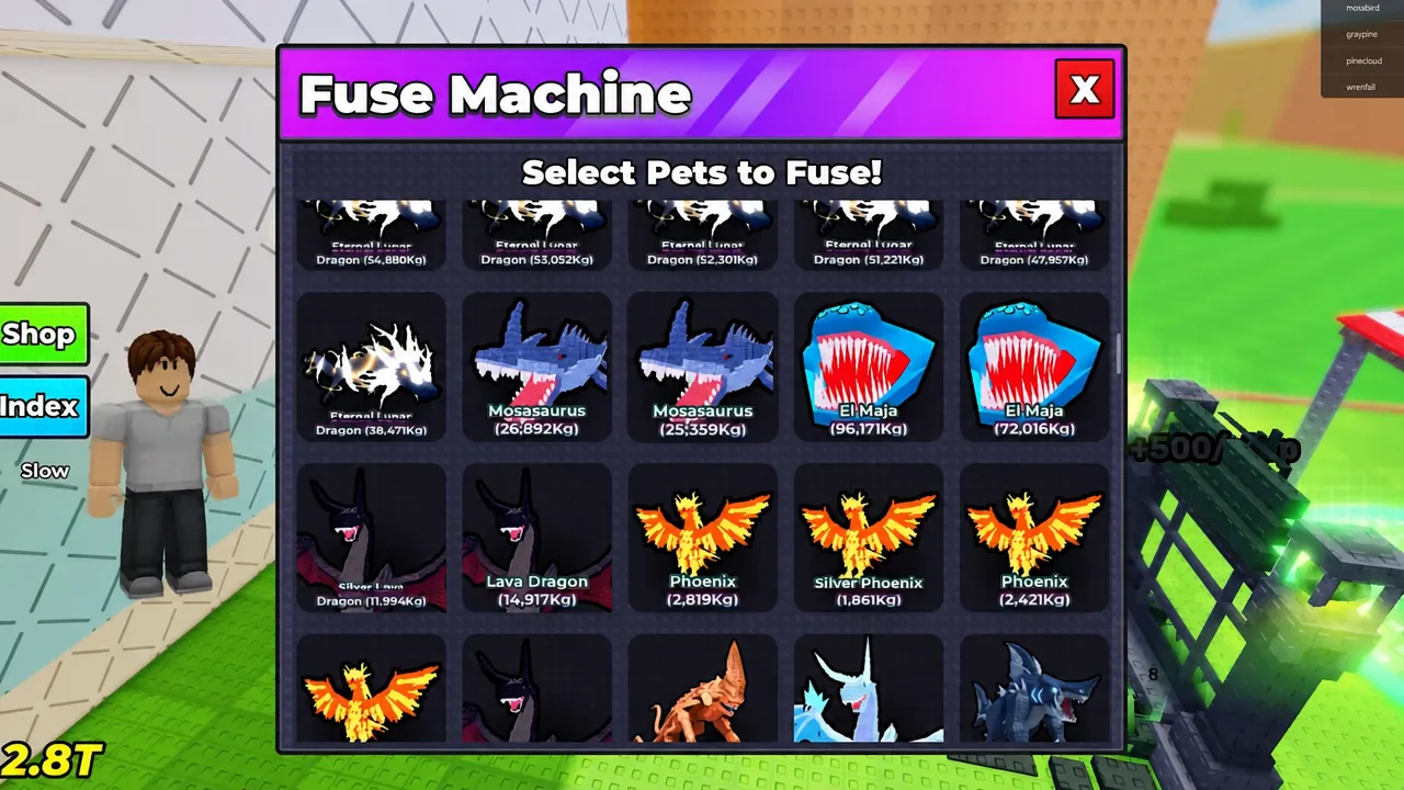 Pet selection grid open inside the Fuse Machine menu