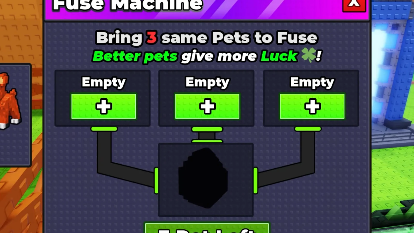 Fuse Machine interface with three empty pet slots and plus buttons