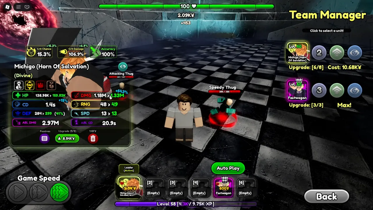 Team Manager screen with Michigo selected and unit upgrade controls open