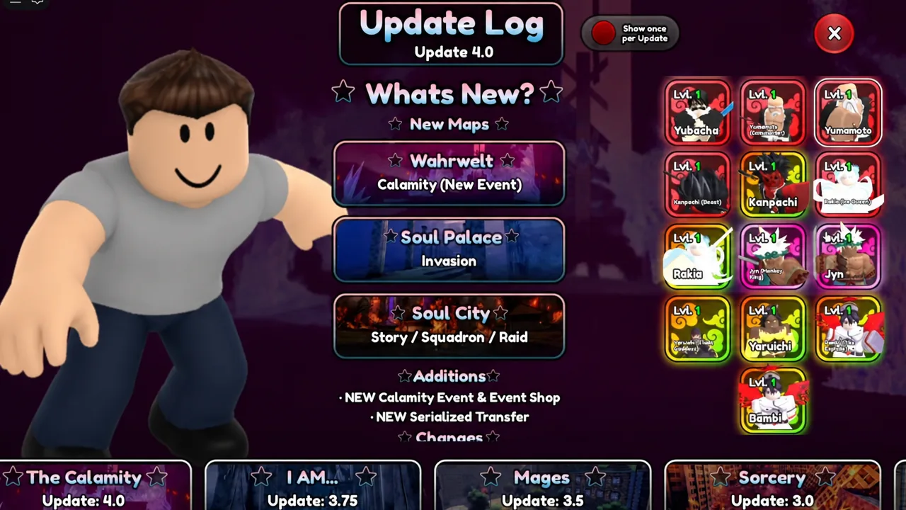 Update Log screen for Update 4.0 listing Wahrwelt, Soul Palace, and Soul City as new maps