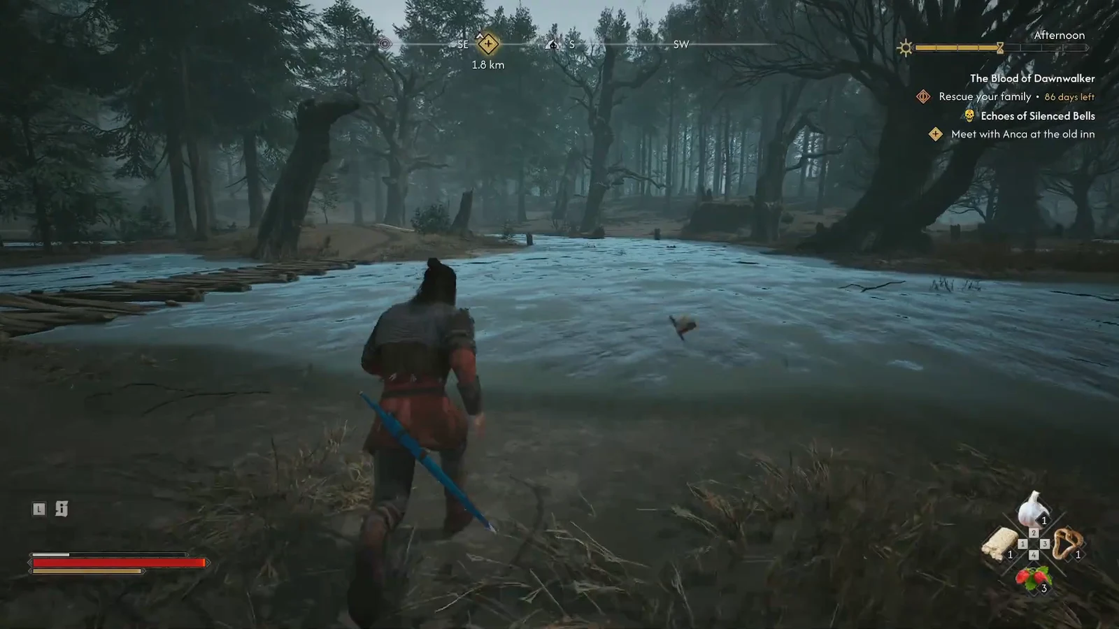 Player wades through a flooded forest toward a distant objective marker on the way to the lair.