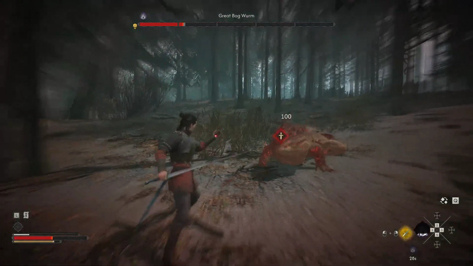 A depleted Great Bog Wurm health bar sits on screen as the player lands finishing blows.