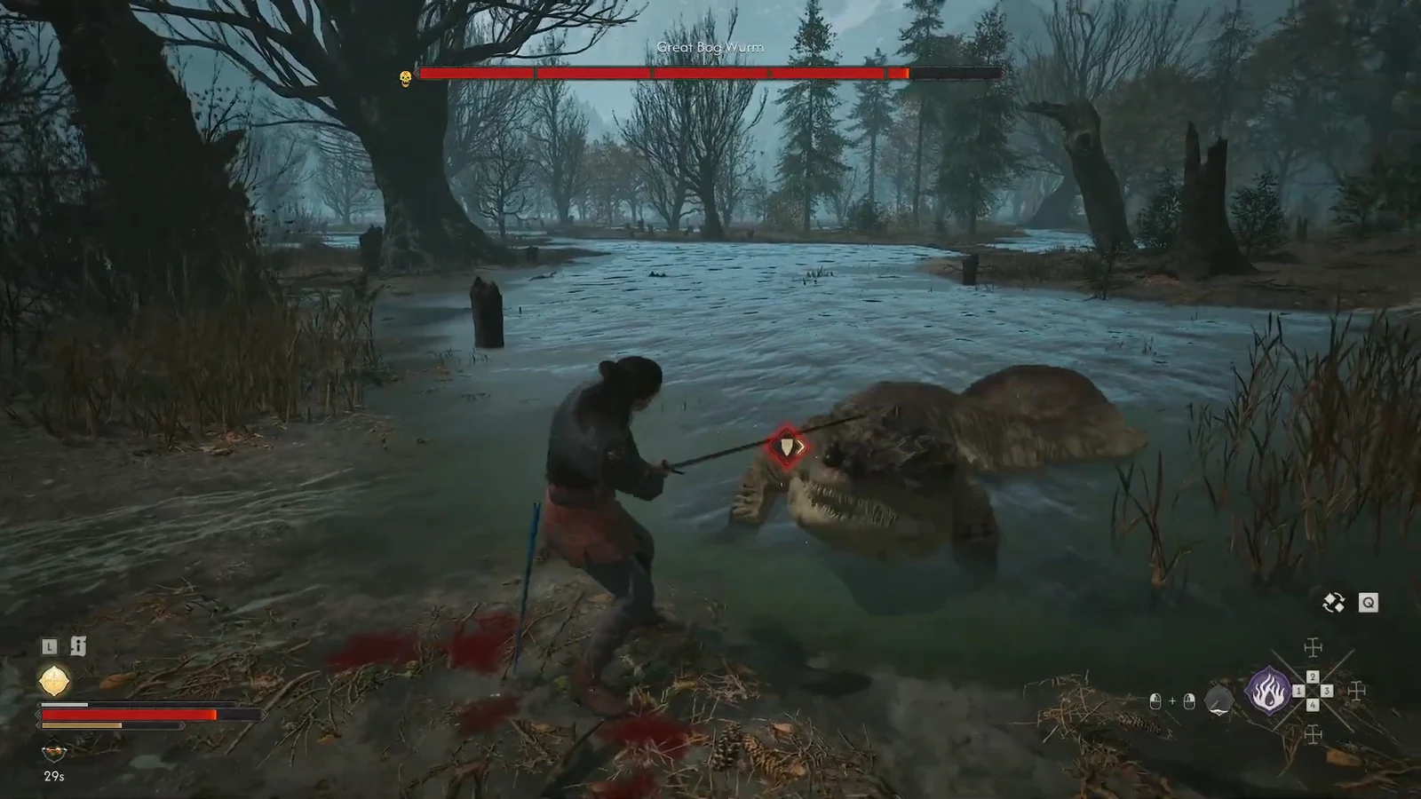 The player counterattacks the highlighted Great Bog Wurm after opening its guard in the swamp.