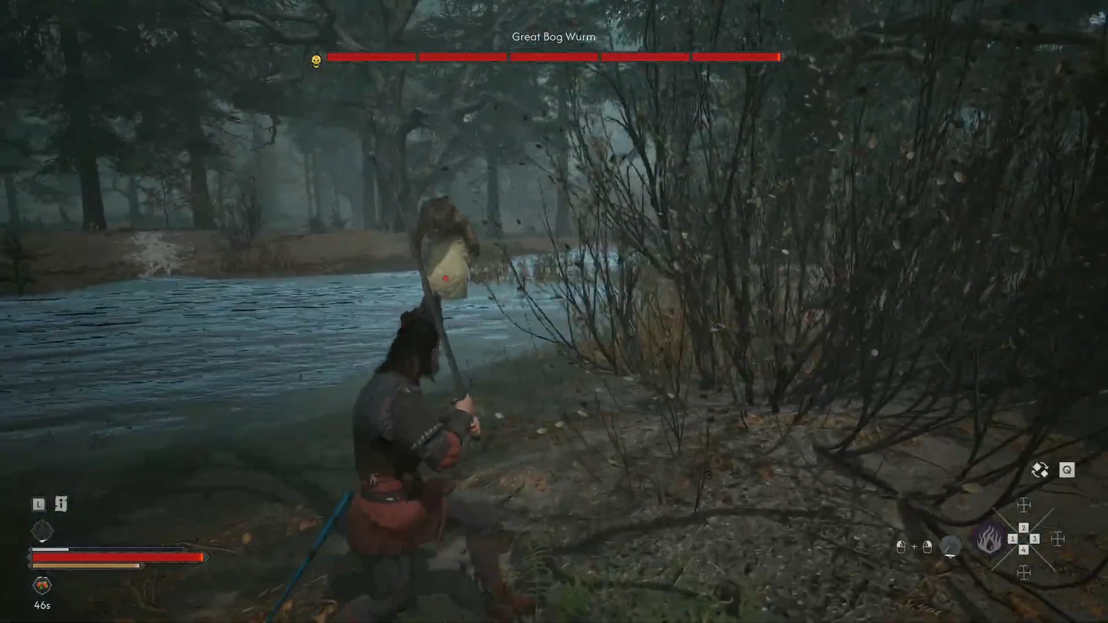 The Great Bog Wurm surfaces in the swamp as the player squares up from the shoreline.