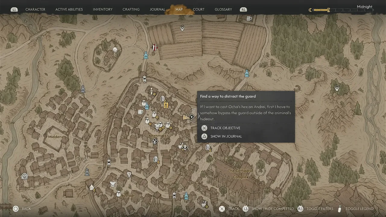 Map screen showing the Find a way to distract the guard objective selected