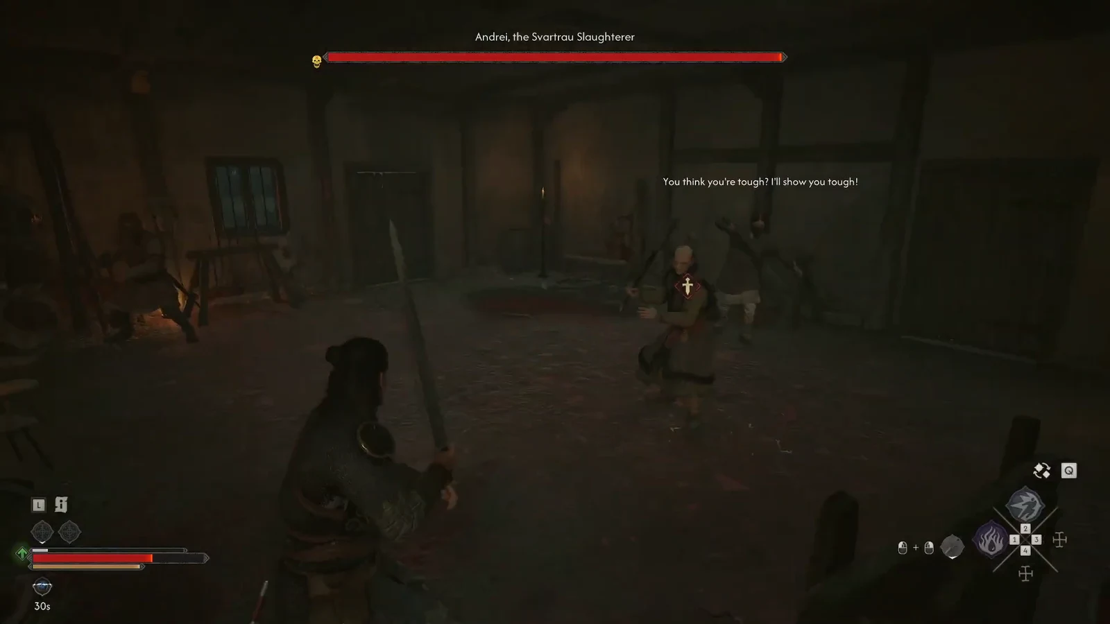 Boss health bar for Andrei, the Svartrau Slaughterer during a sword fight