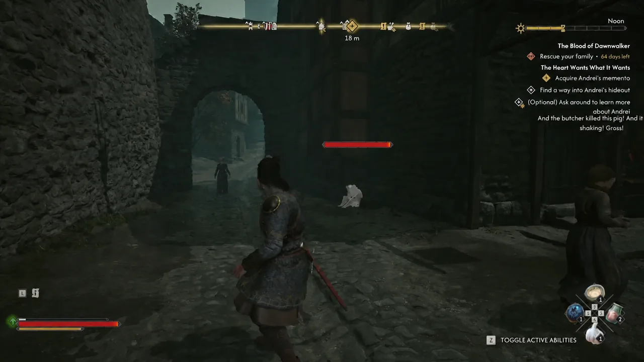 Quest tracker showing the objective Find a way into Andrei's hideout, 18 metres away