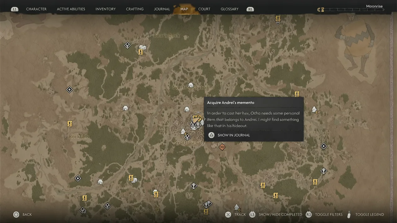 Map screen with the Acquire Andrei's memento objective selected and Show in Journal available